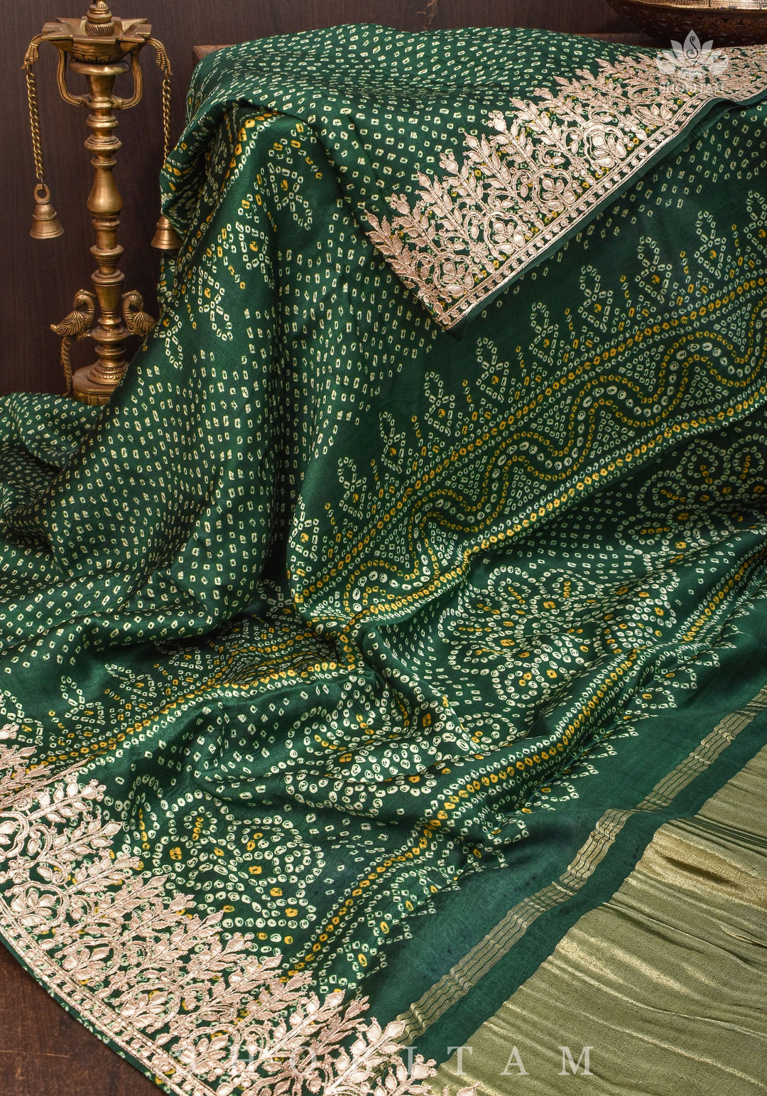 Vidya Balan Bottle Green Gajji Silk Saree with Bandhni Digital Print and Gotta patti borders