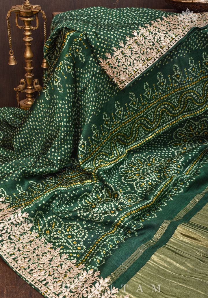Vidya Balan Bottle Green Gajji Silk Saree with Bandhni Digital Print and Gotta patti borders