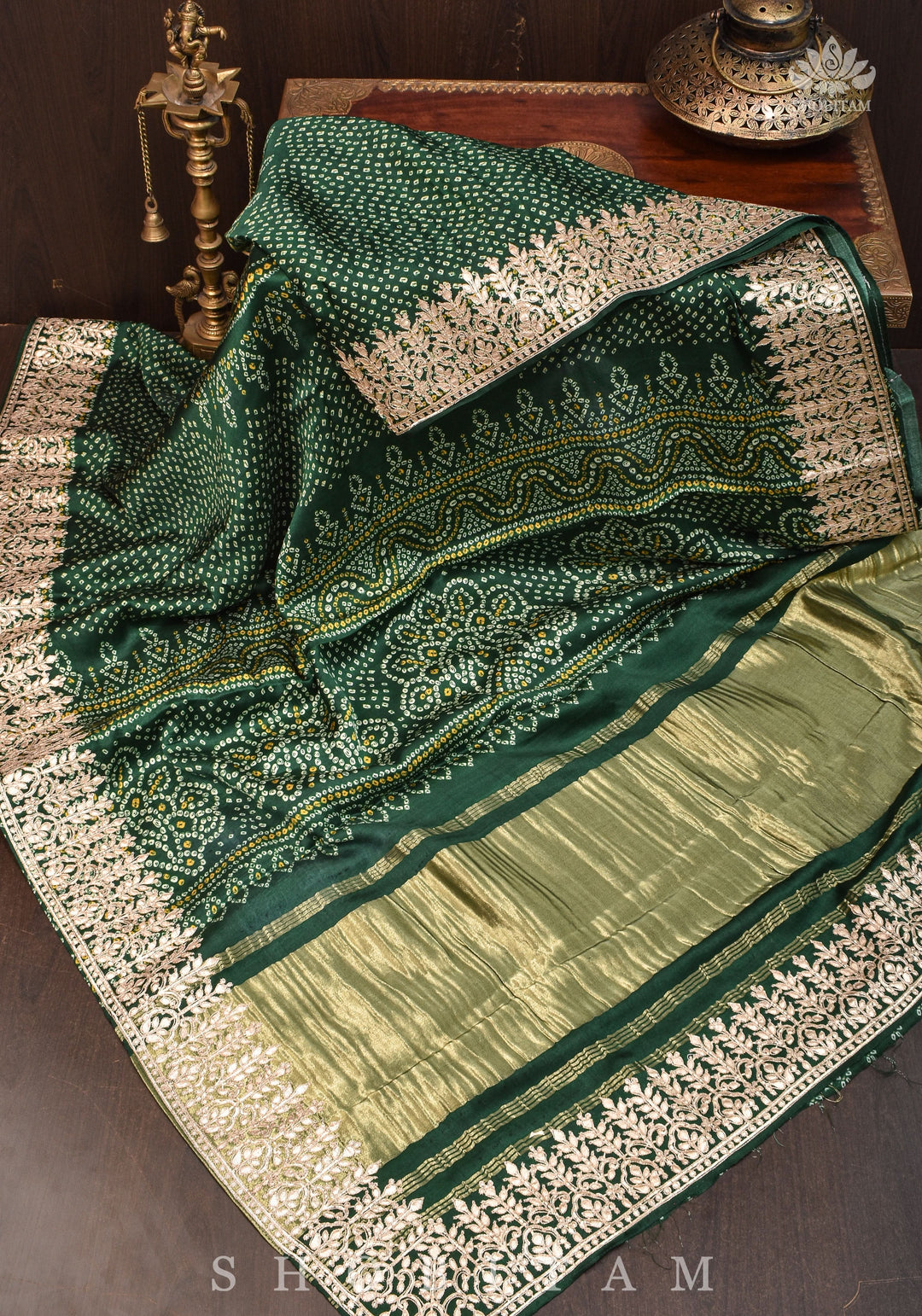 Vidya Balan Bottle Green Gajji Silk Saree with Bandhni Digital Print and Gotta patti borders