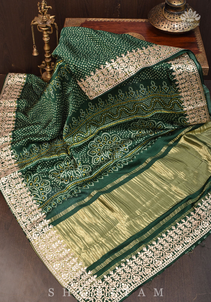 Vidya Balan Bottle Green Gajji Silk Saree with Bandhni Digital Print and Gotta patti borders