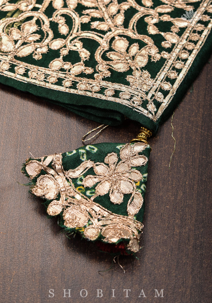 Vidya Balan Bottle Green Gajji Silk Saree with Bandhni Digital Print and Gotta patti borders