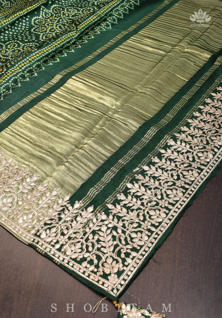 Vidya Balan Bottle Green Gajji Silk Saree with Bandhni Digital Print and Gotta patti borders