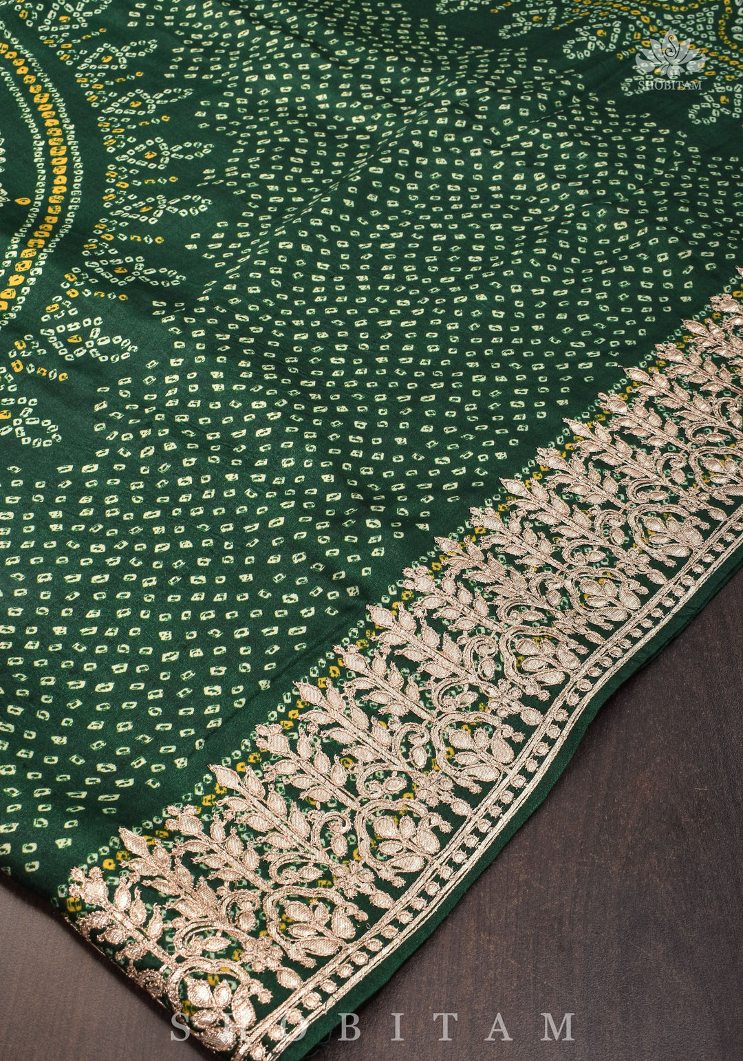 Vidya Balan Bottle Green Gajji Silk Saree with Bandhni Digital Print and Gotta patti borders