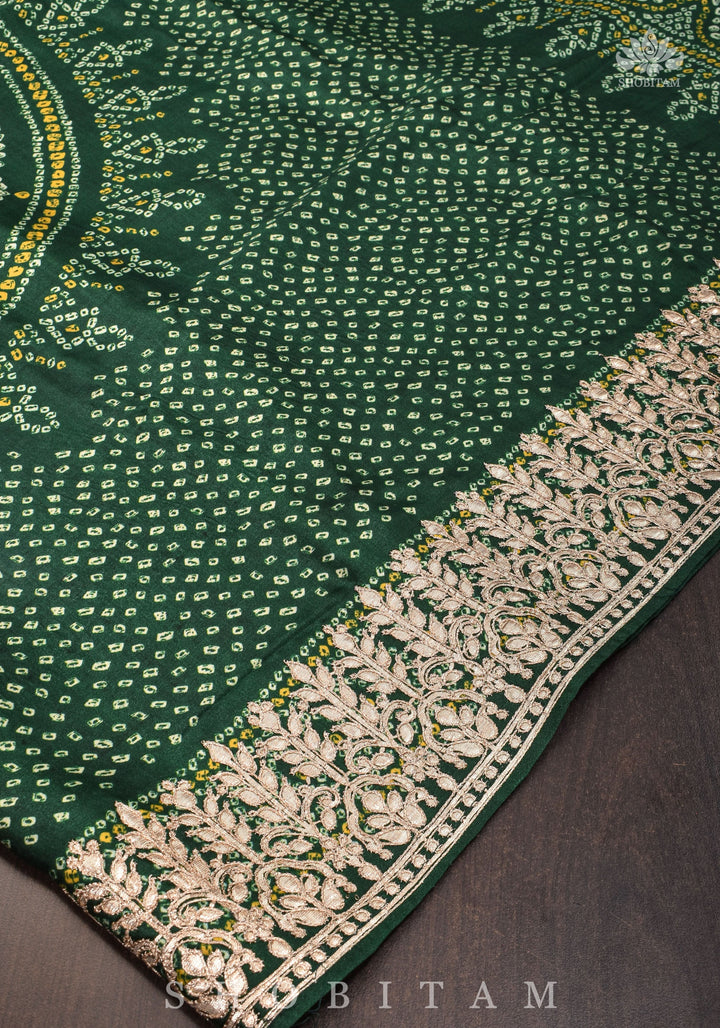 Vidya Balan Bottle Green Gajji Silk Saree with Bandhni Digital Print and Gotta patti borders