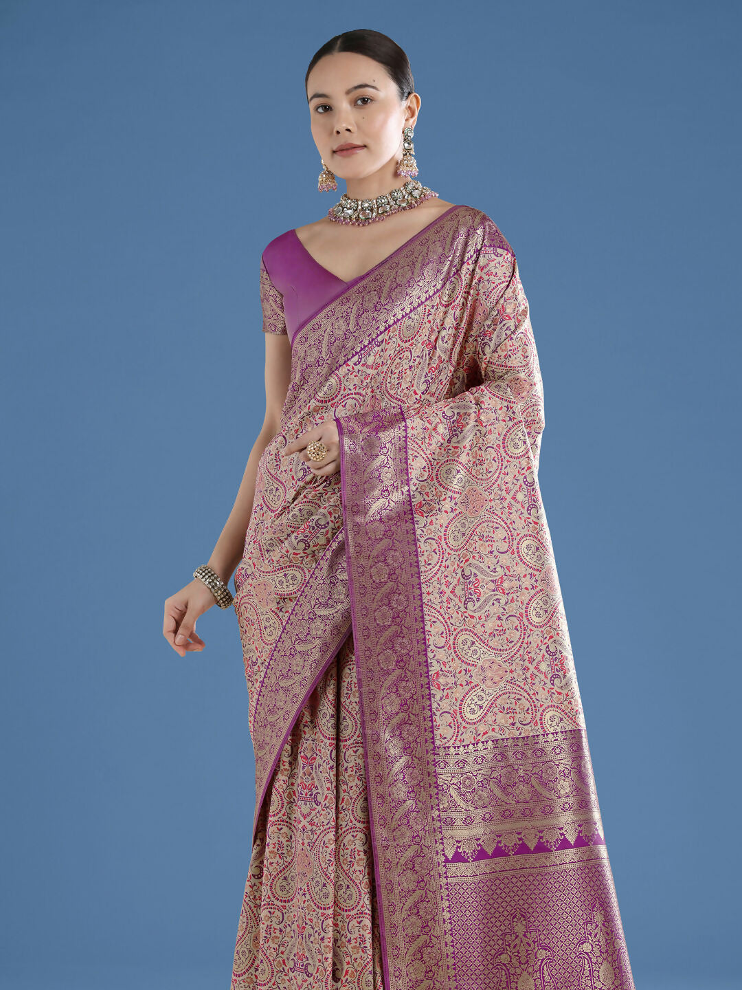 Beige Banarasi Semi Silk Saree With Traditional Paisley Weaves | SHOBITAM