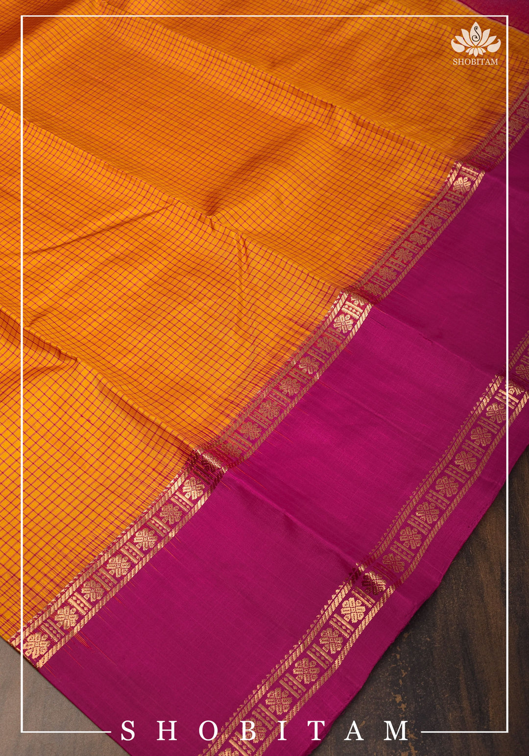 Pure Kanjeevaram Soft Silk Saree in Orange with Checks and Contrast Pink Border | SILK MARK CERTIFIED