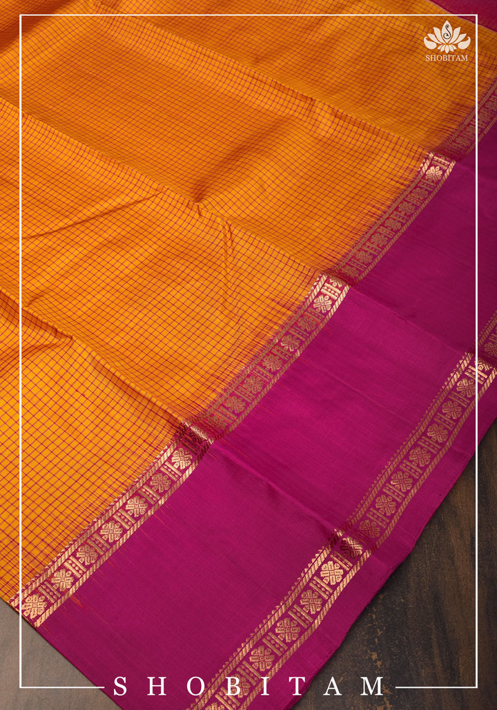 Pure Kanjeevaram Soft Silk Saree in Orange with Checks and Contrast Pink Border | SILK MARK CERTIFIED