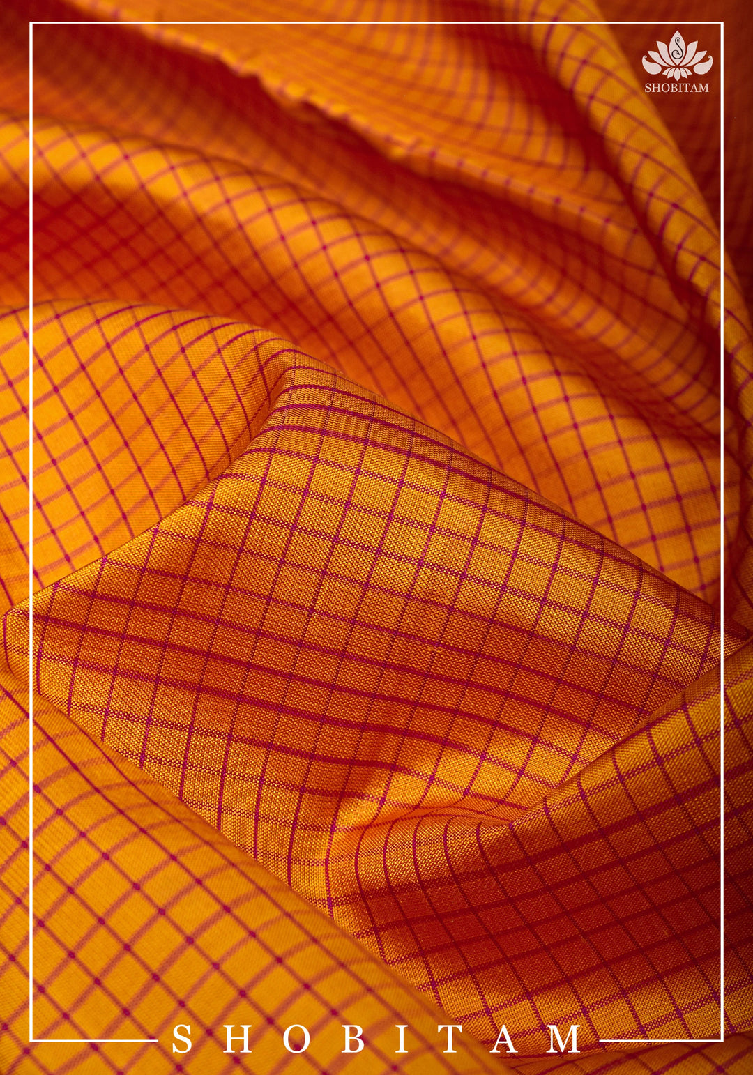 Pure Kanjeevaram Soft Silk Saree in Orange with Checks and Contrast Pink Border | SILK MARK CERTIFIED