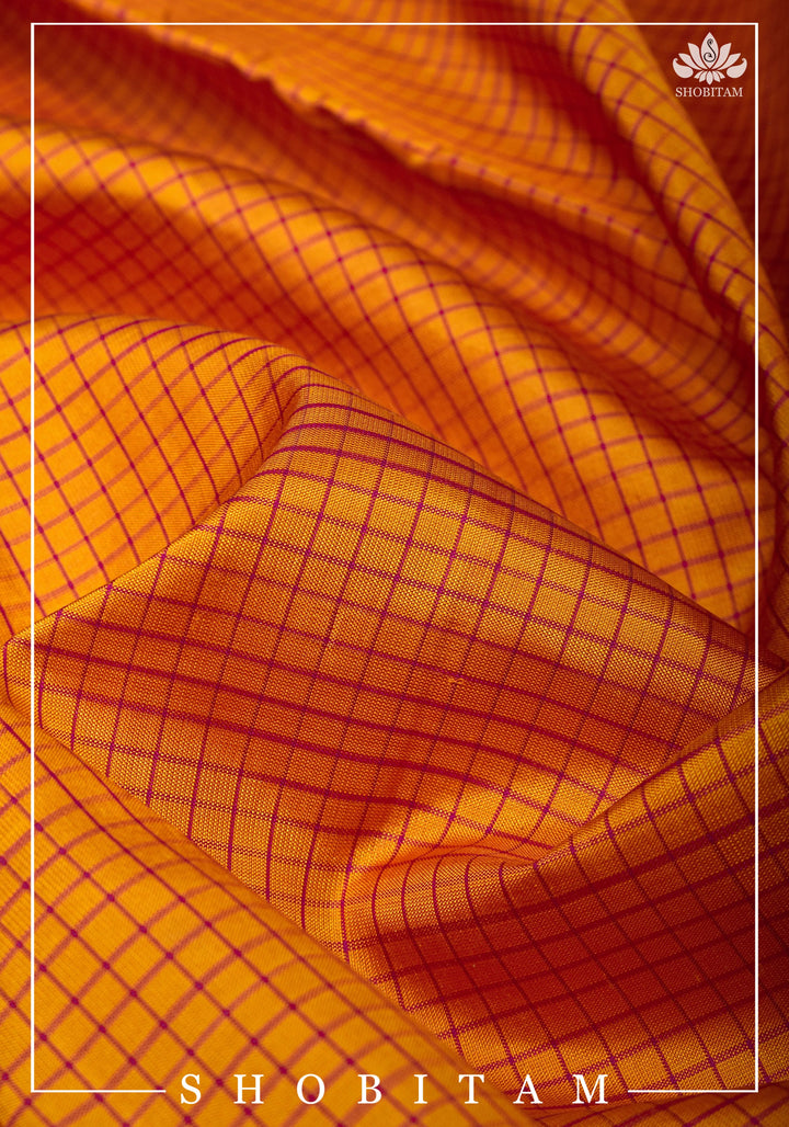 Pure Kanjeevaram Soft Silk Saree in Orange with Checks and Contrast Pink Border | SILK MARK CERTIFIED