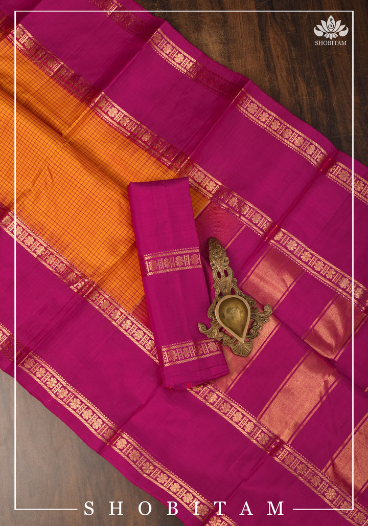 Pure Kanjeevaram Soft Silk Saree in Orange with Checks and Contrast Pink Border | SILK MARK CERTIFIED