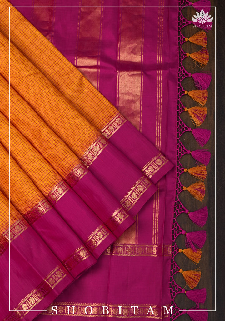 Pure Kanjeevaram Soft Silk Saree in Orange with Checks and Contrast Pink Border | SILK MARK CERTIFIED