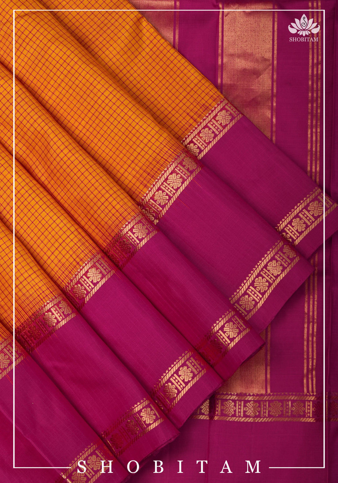 Pure Kanjeevaram Soft Silk Saree in Orange with Checks and Contrast Pink Border | SILK MARK CERTIFIED
