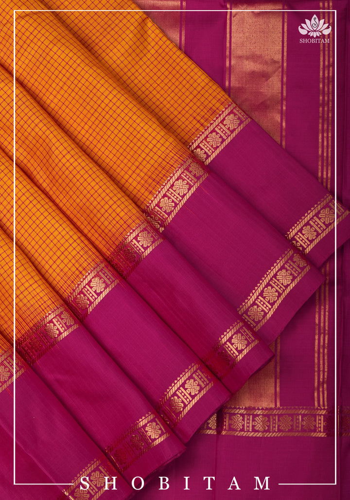 Pure Kanjeevaram Soft Silk Saree in Orange with Checks and Contrast Pink Border | SILK MARK CERTIFIED