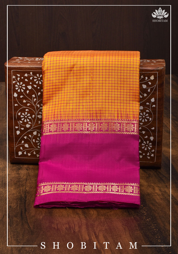 Pure Kanjeevaram Soft Silk Saree in Orange with Checks and Contrast Pink Border | SILK MARK CERTIFIED