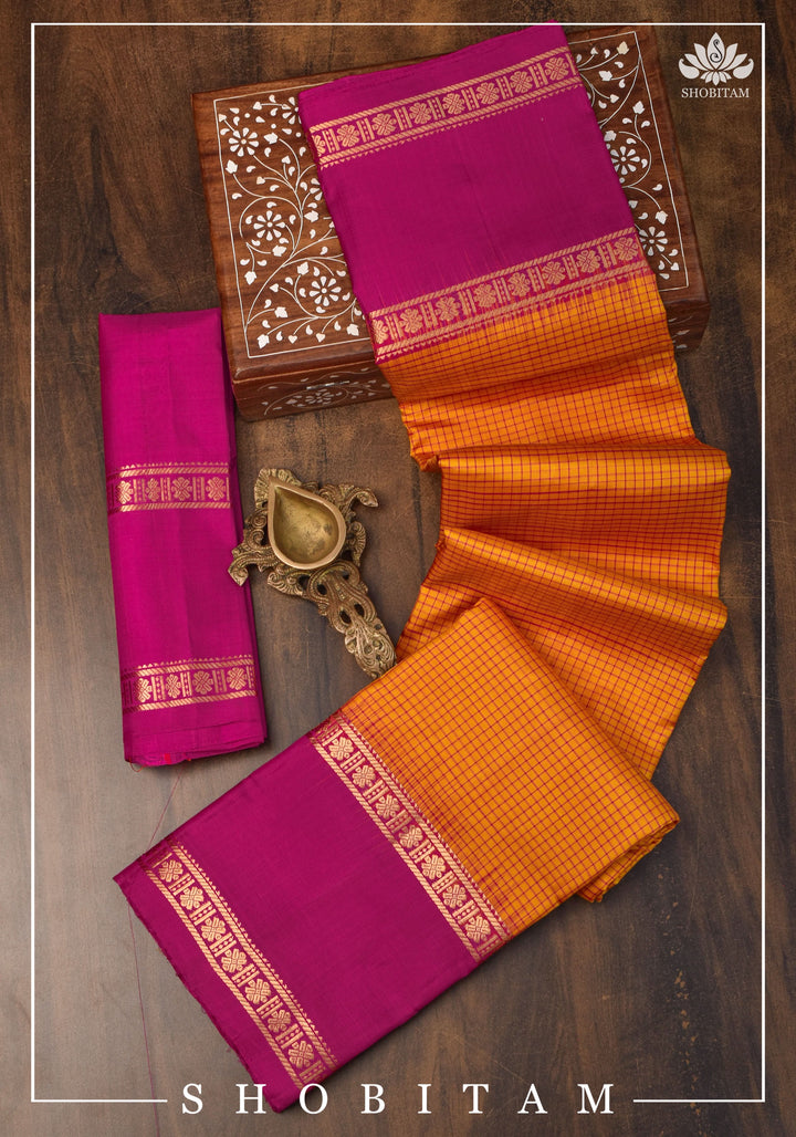 Pure Kanjeevaram Soft Silk Saree in Orange with Checks and Contrast Pink Border | SILK MARK CERTIFIED