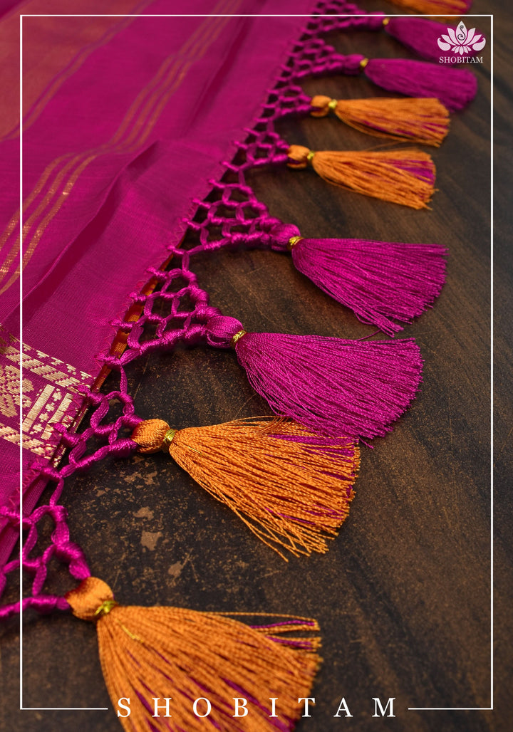 Pure Kanjeevaram Soft Silk Saree in Orange with Checks and Contrast Pink Border | SILK MARK CERTIFIED