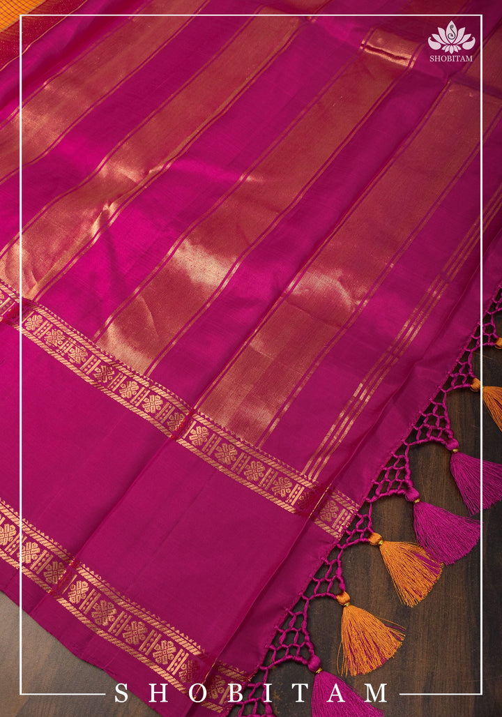 Pure Kanjeevaram Soft Silk Saree in Orange with Checks and Contrast Pink Border | SILK MARK CERTIFIED