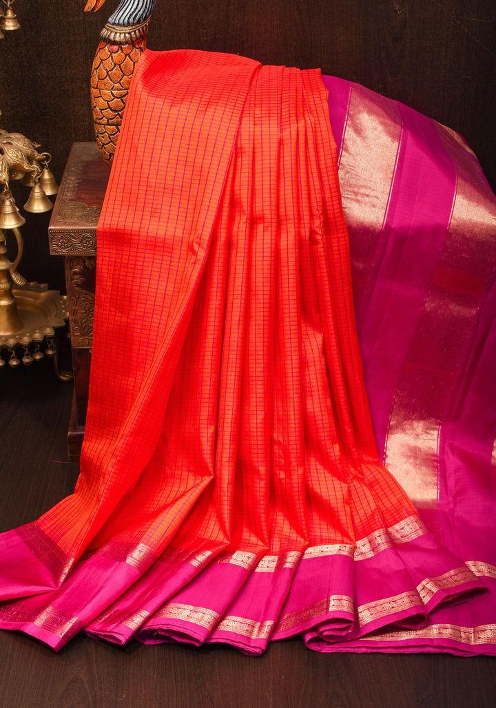 Stunning Fanta Orange Kanjivaram Soft Silk Saree with Checks and Magenta Borders | SILK MARK CERTIFIED