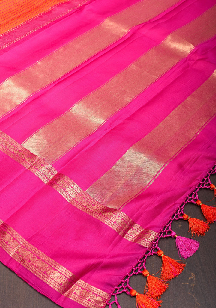 Stunning Fanta Orange Kanjivaram Soft Silk Saree with Checks and Magenta Borders | SILK MARK CERTIFIED