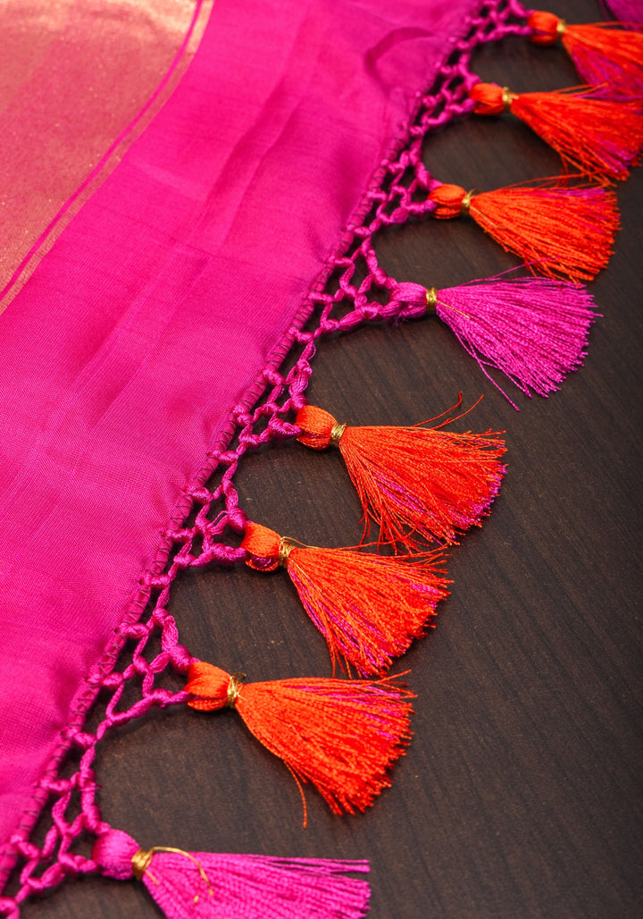 Stunning Fanta Orange Kanjivaram Soft Silk Saree with Checks and Magenta Borders | SILK MARK CERTIFIED