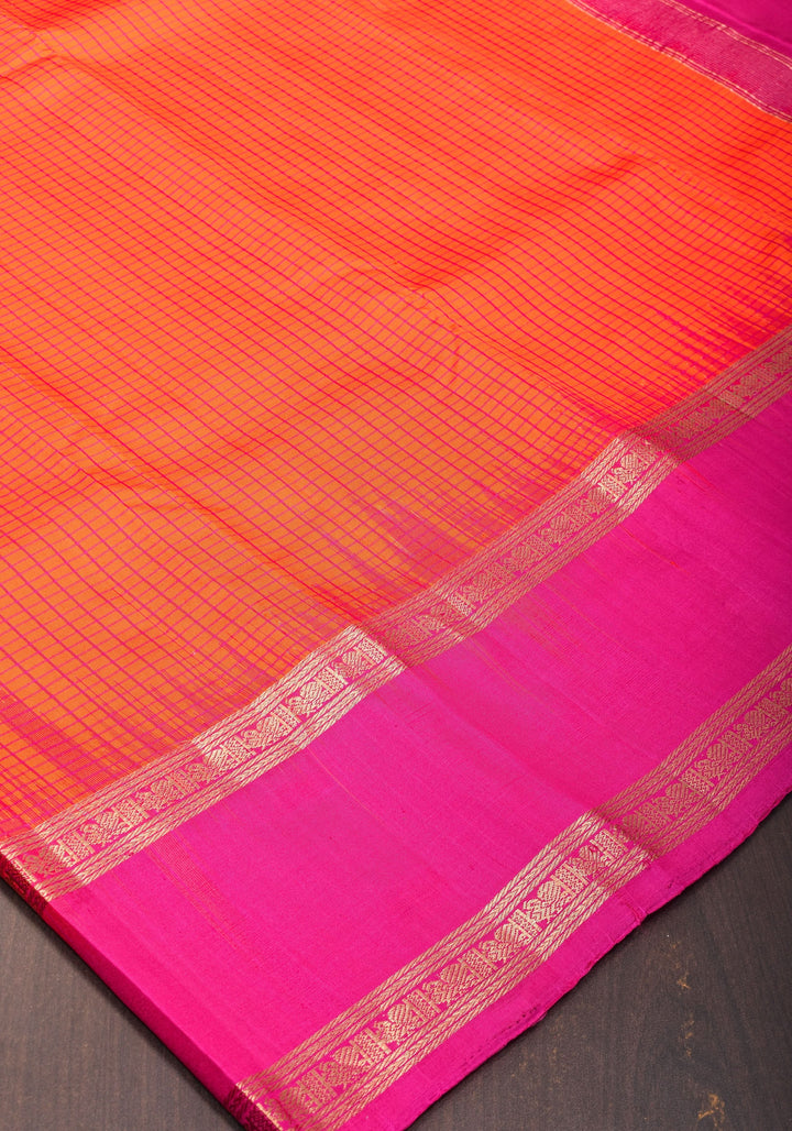Stunning Fanta Orange Kanjivaram Soft Silk Saree with Checks and Magenta Borders | SILK MARK CERTIFIED