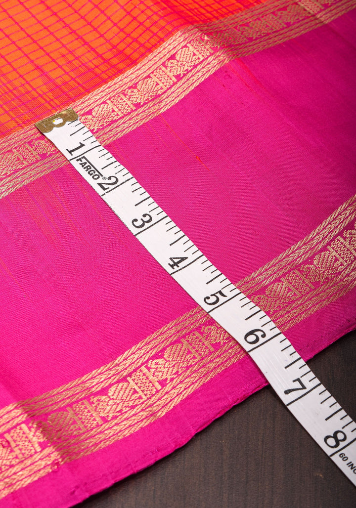 Stunning Fanta Orange Kanjivaram Soft Silk Saree with Checks and Magenta Borders | SILK MARK CERTIFIED