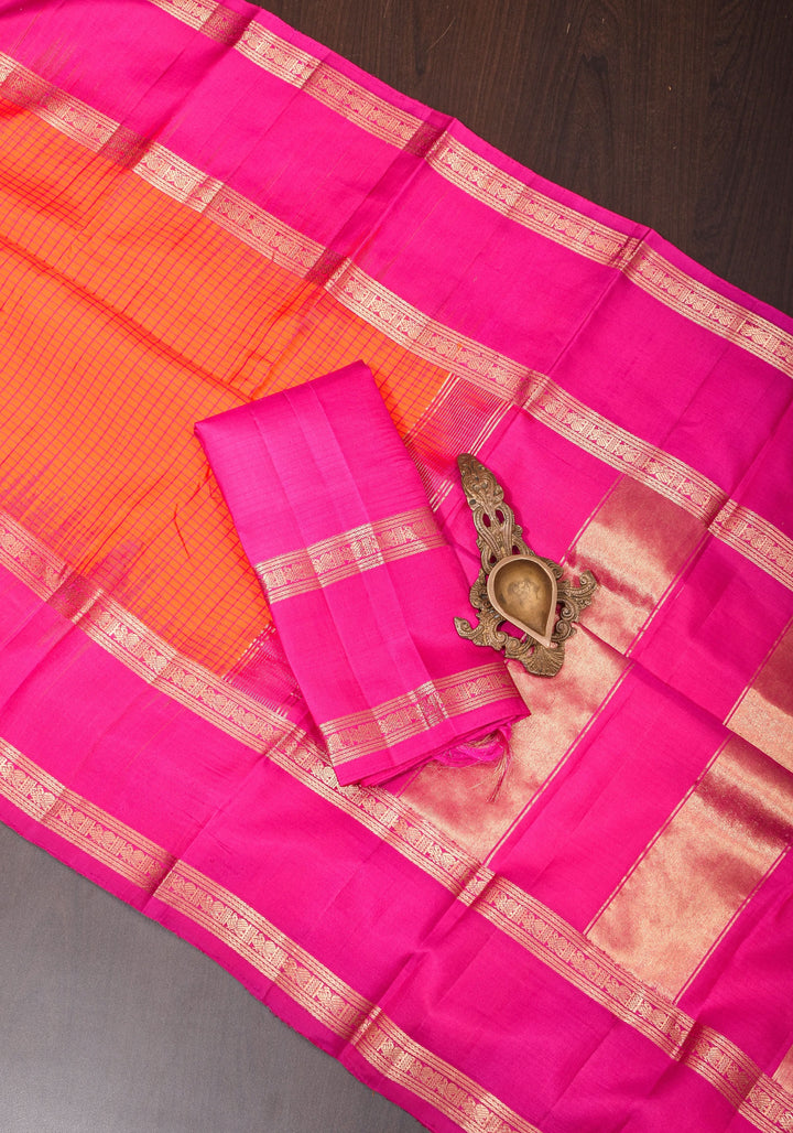 Stunning Fanta Orange Kanjivaram Soft Silk Saree with Checks and Magenta Borders | SILK MARK CERTIFIED