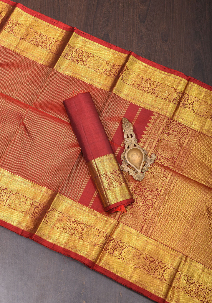 Shimmering Celebrity Special Zari Checks Pure Silk Kanjivaram Pure Silk Saree in Dark Red | SILK MARK CERTIFIED