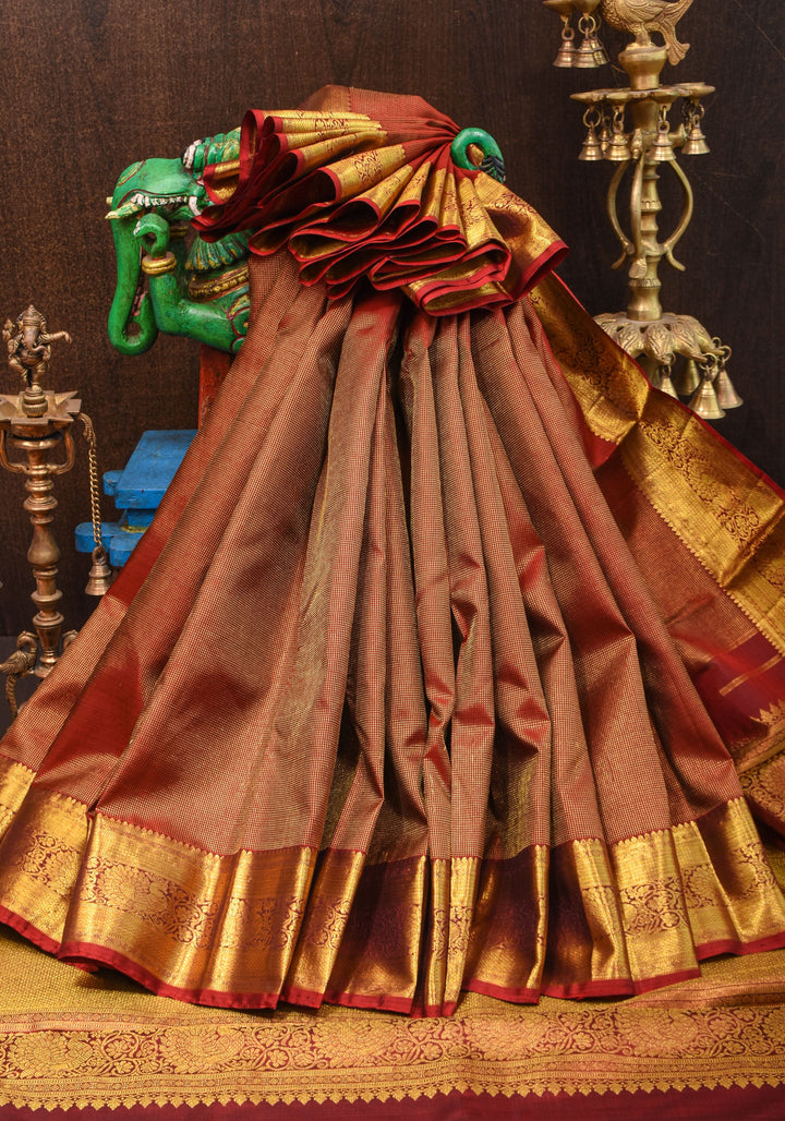 Shimmering Celebrity Special Zari Checks Pure Silk Kanjivaram Pure Silk Saree in Dark Red | SILK MARK CERTIFIED