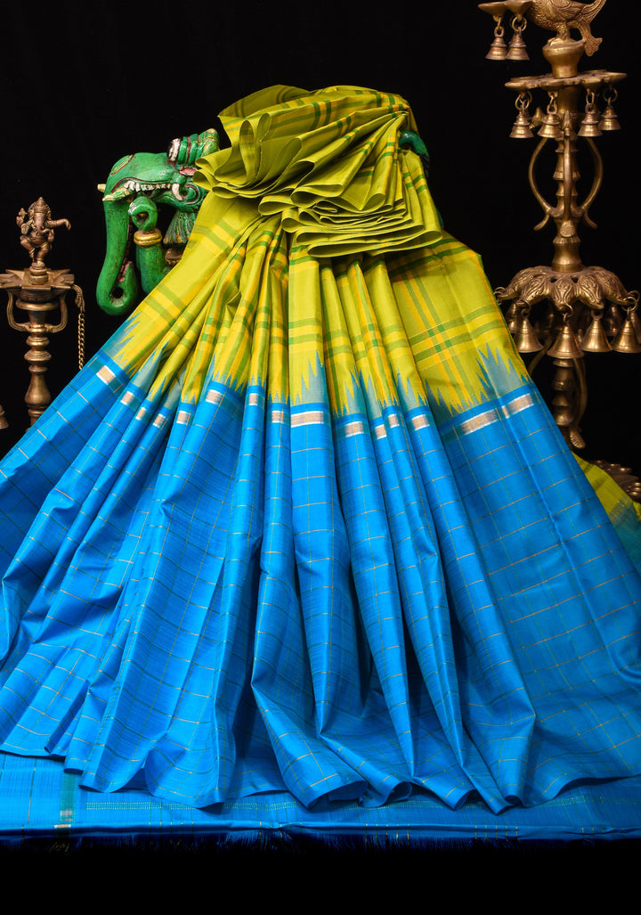 Citrine and Blue Extra Wide Border Pure Kanjivaram Silk Saree with Checks Pattern| SILK MARK CERTIFIED