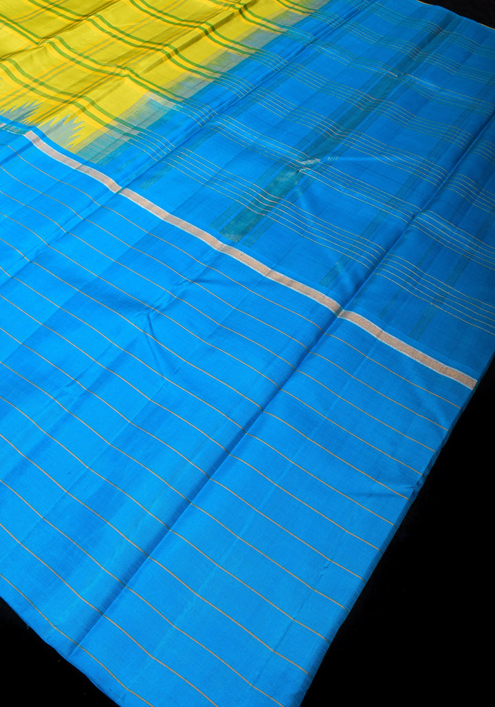 Citrine and Blue Extra Wide Border Pure Kanjivaram Silk Saree with Checks Pattern| SILK MARK CERTIFIED