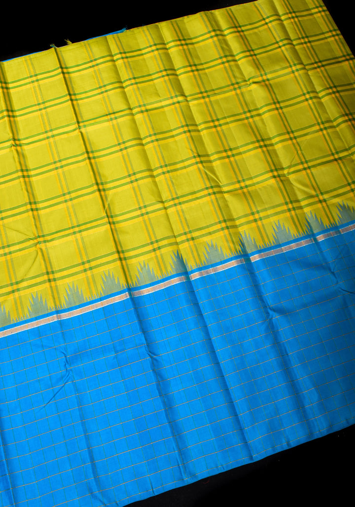Citrine and Blue Extra Wide Border Pure Kanjivaram Silk Saree with Checks Pattern| SILK MARK CERTIFIED