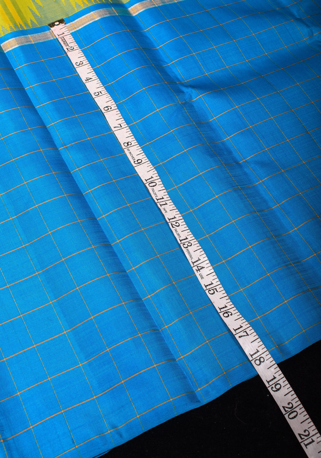Citrine and Blue Extra Wide Border Pure Kanjivaram Silk Saree with Checks Pattern| SILK MARK CERTIFIED