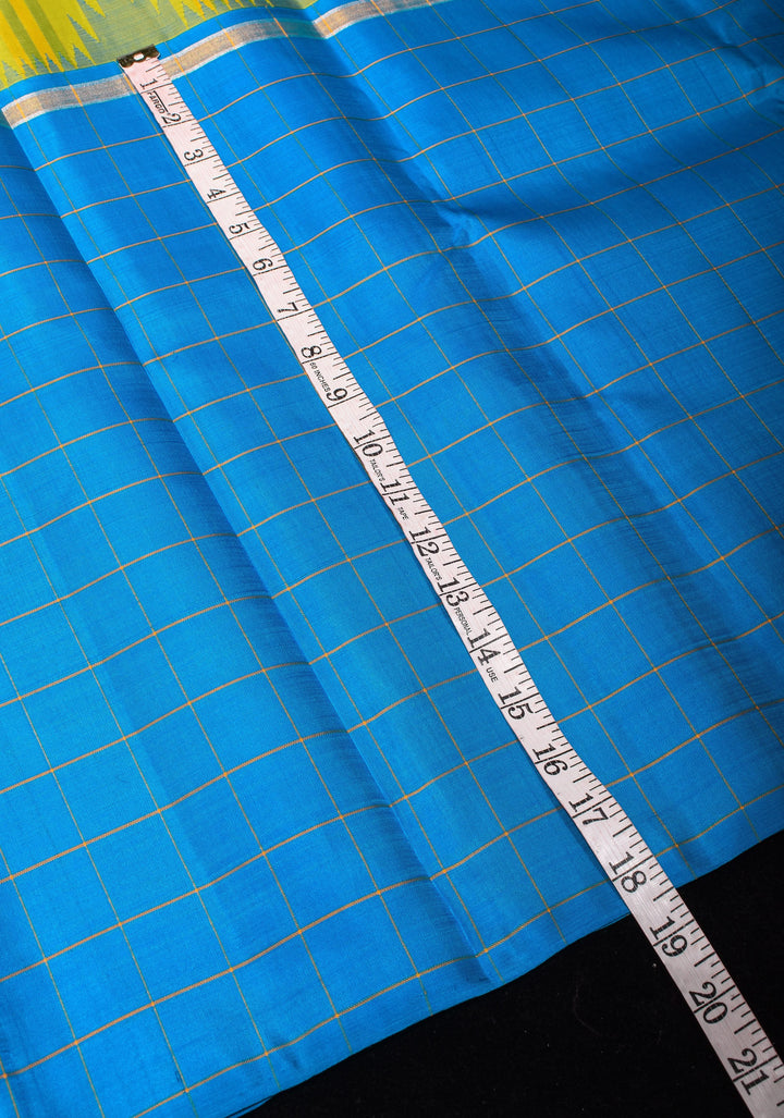 Citrine and Blue Extra Wide Border Pure Kanjivaram Silk Saree with Checks Pattern| SILK MARK CERTIFIED