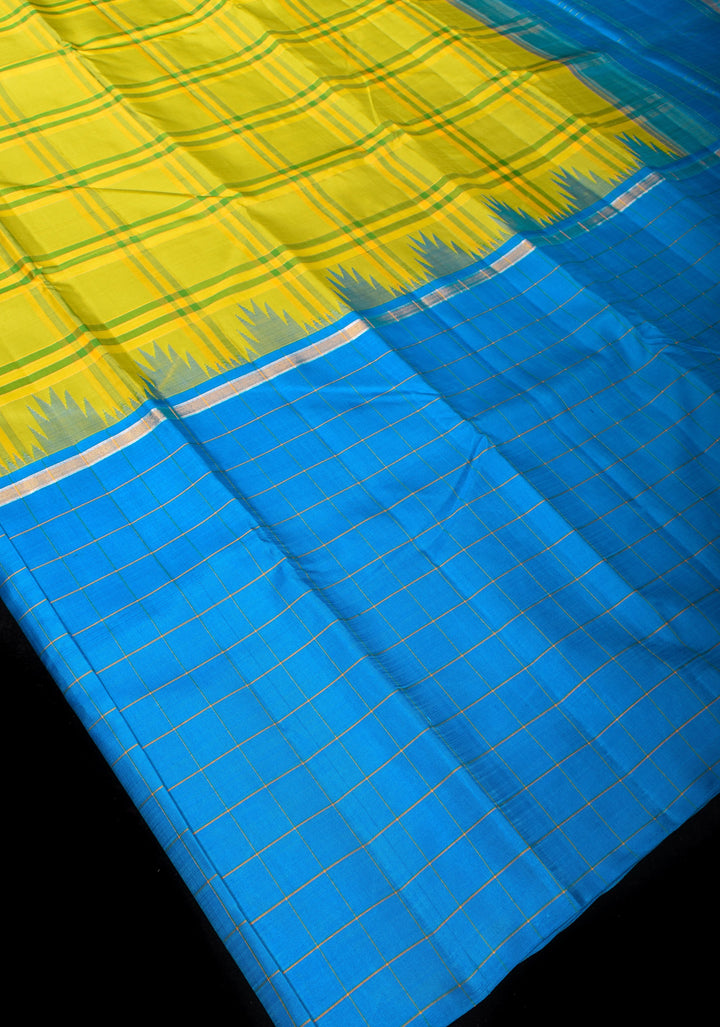 Citrine and Blue Extra Wide Border Pure Kanjivaram Silk Saree with Checks Pattern| SILK MARK CERTIFIED