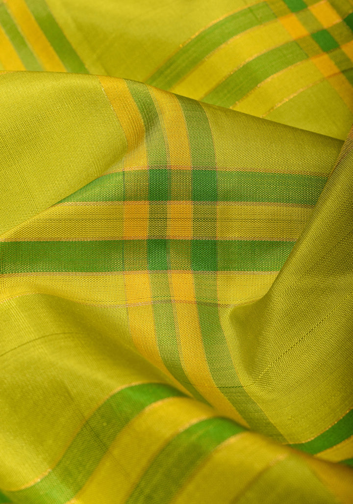 Citrine and Blue Extra Wide Border Pure Kanjivaram Silk Saree with Checks Pattern| SILK MARK CERTIFIED