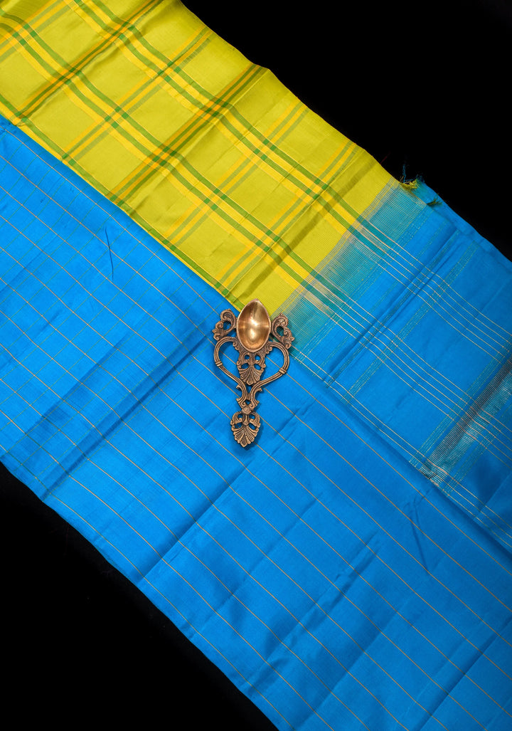 Citrine and Blue Extra Wide Border Pure Kanjivaram Silk Saree with Checks Pattern| SILK MARK CERTIFIED
