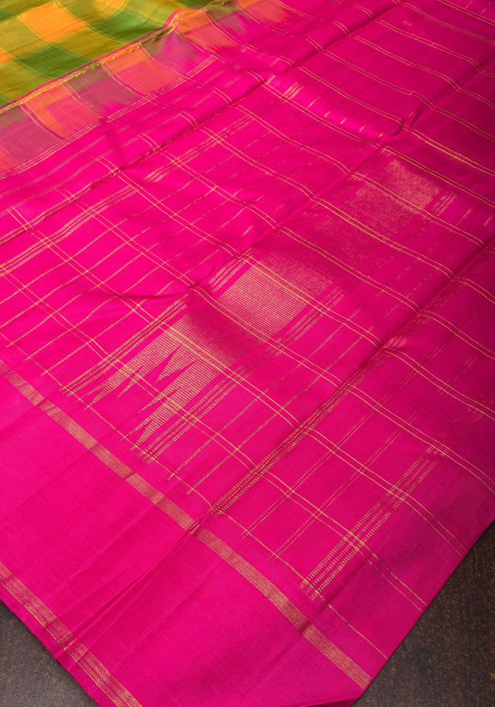 Green Mustard Pure Kanjivaram Soft Silk Saree with Checks and Contrast Pink Border | SILK MARK CERTIFIED