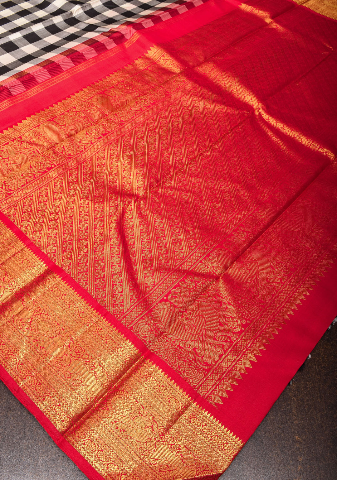 Stunning Korvai Weave Black And White Checks Pure Kanjivaram Silk Saree with Grand Pallu and Red Zari Border | SILK MARK CERTIFIED | SHOBITAM