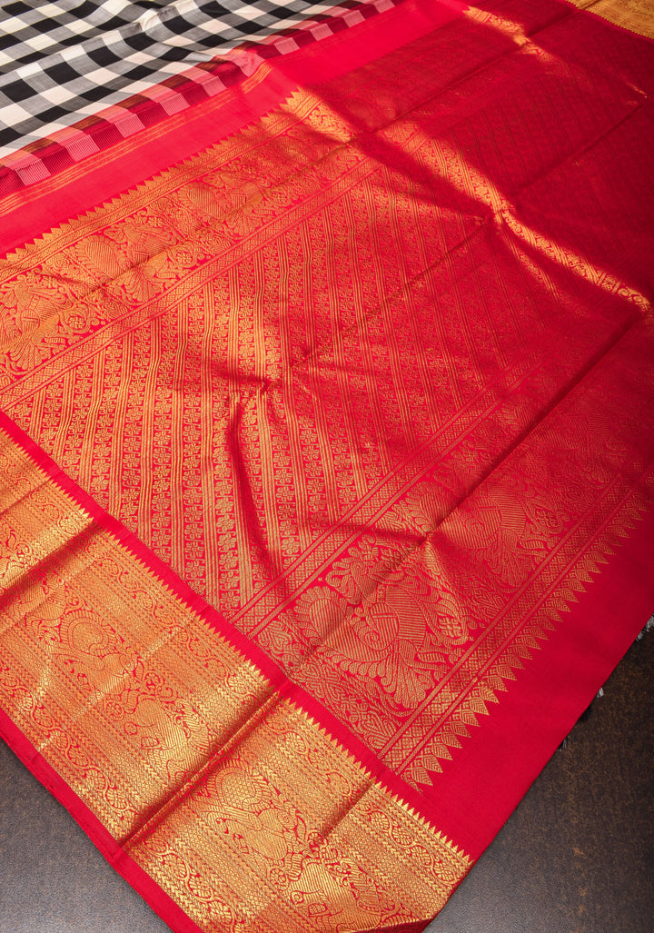Stunning Korvai Weave Black And White Checks Pure Kanjivaram Silk Saree with Grand Pallu and Red Zari Border | SILK MARK CERTIFIED | SHOBITAM