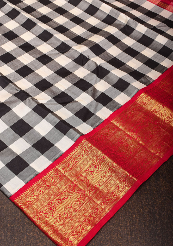 Stunning Korvai Weave Black And White Checks Pure Kanjivaram Silk Saree with Grand Pallu and Red Zari Border | SILK MARK CERTIFIED | SHOBITAM