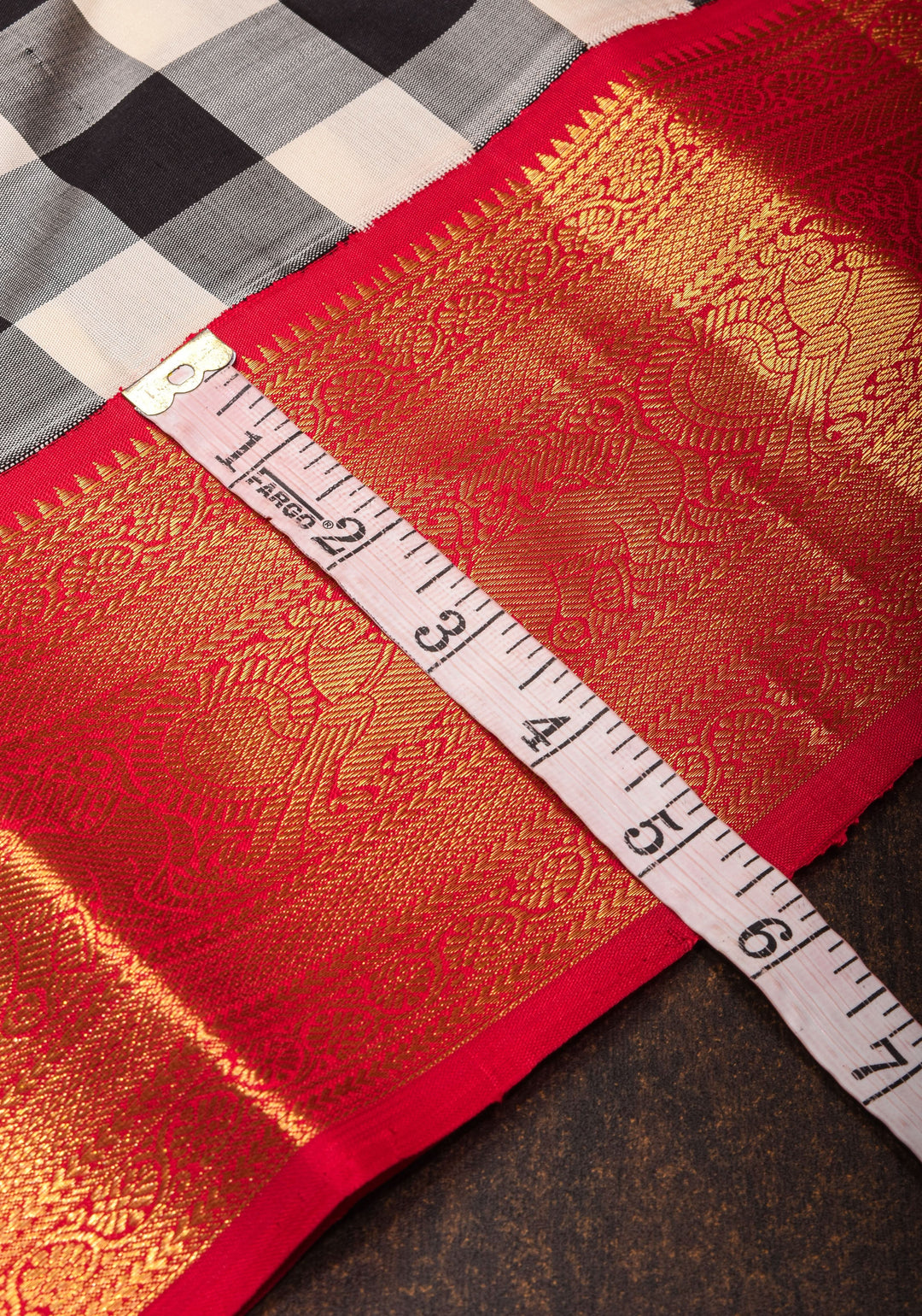 Stunning Korvai Weave Black And White Checks Pure Kanjivaram Silk Saree with Grand Pallu and Red Zari Border | SILK MARK CERTIFIED