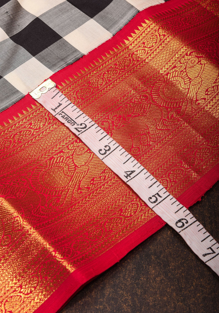 Stunning Korvai Weave Black And White Checks Pure Kanjivaram Silk Saree with Grand Pallu and Red Zari Border | SILK MARK CERTIFIED | SHOBITAM