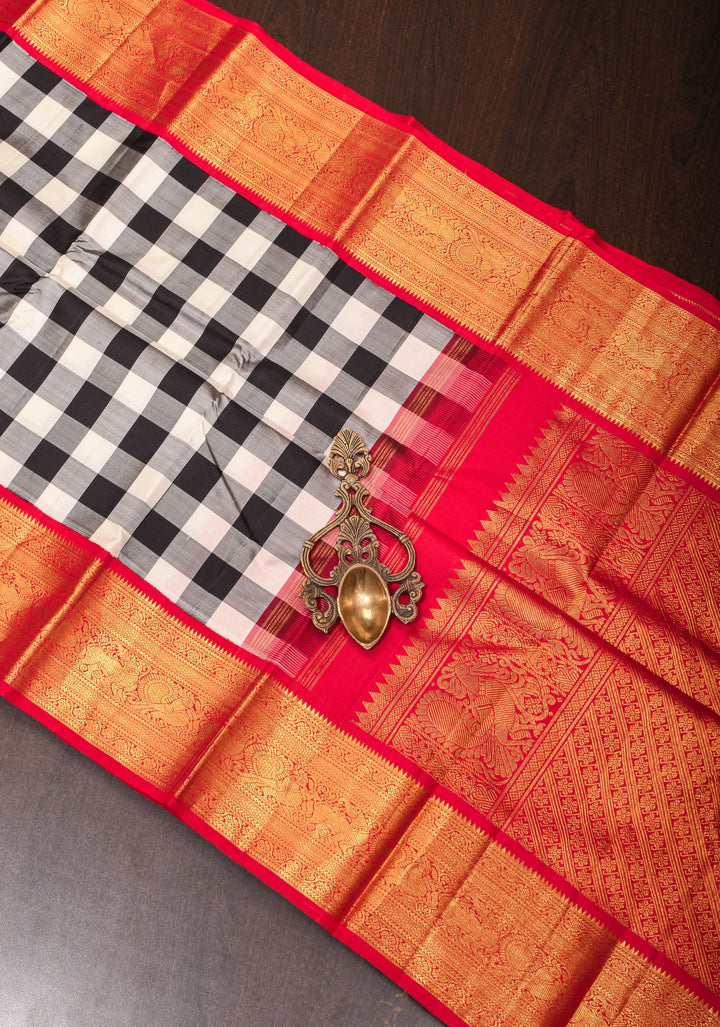 Stunning Korvai Weave Black And White Checks Pure Kanjivaram Silk Saree with Grand Pallu and Red Zari Border | SILK MARK CERTIFIED | SHOBITAM