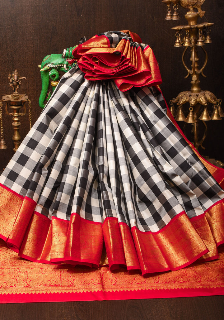 Stunning Korvai Weave Black And White Checks Pure Kanjivaram Silk Saree with Grand Pallu and Red Zari Border | SILK MARK CERTIFIED