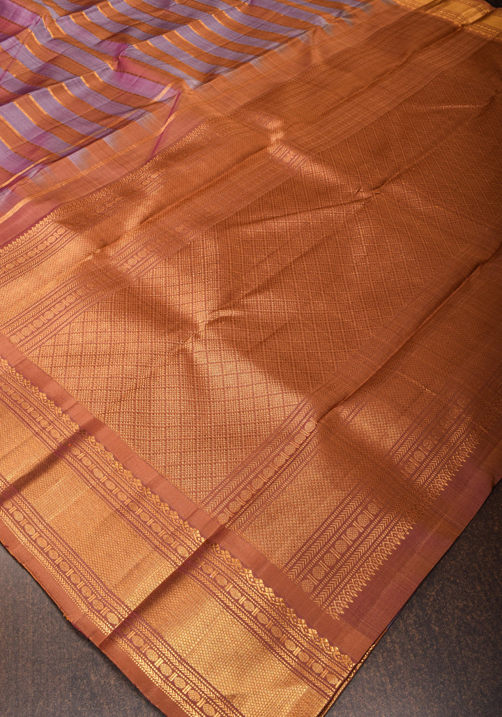 Kanjivaram Silk Saree in Dusty amethyst and sandstone Horizontal stripes with Zari Border | SILK MARK CERTIFIED