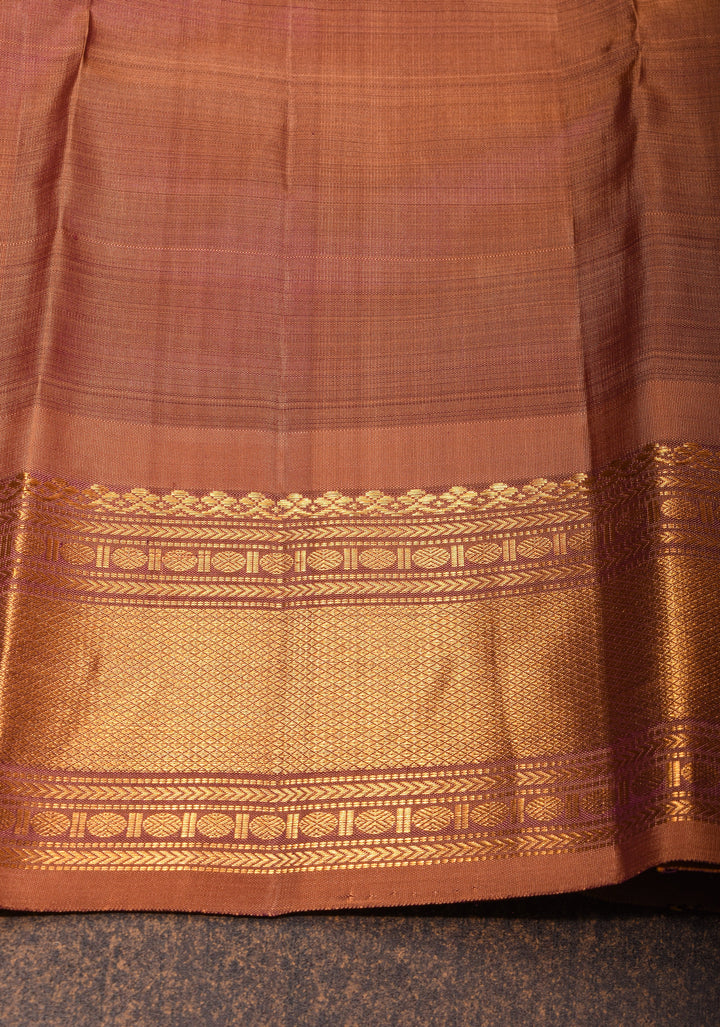 Kanjivaram Silk Saree in Dusty amethyst and sandstone Horizontal stripes with Zari Border | SILK MARK CERTIFIED