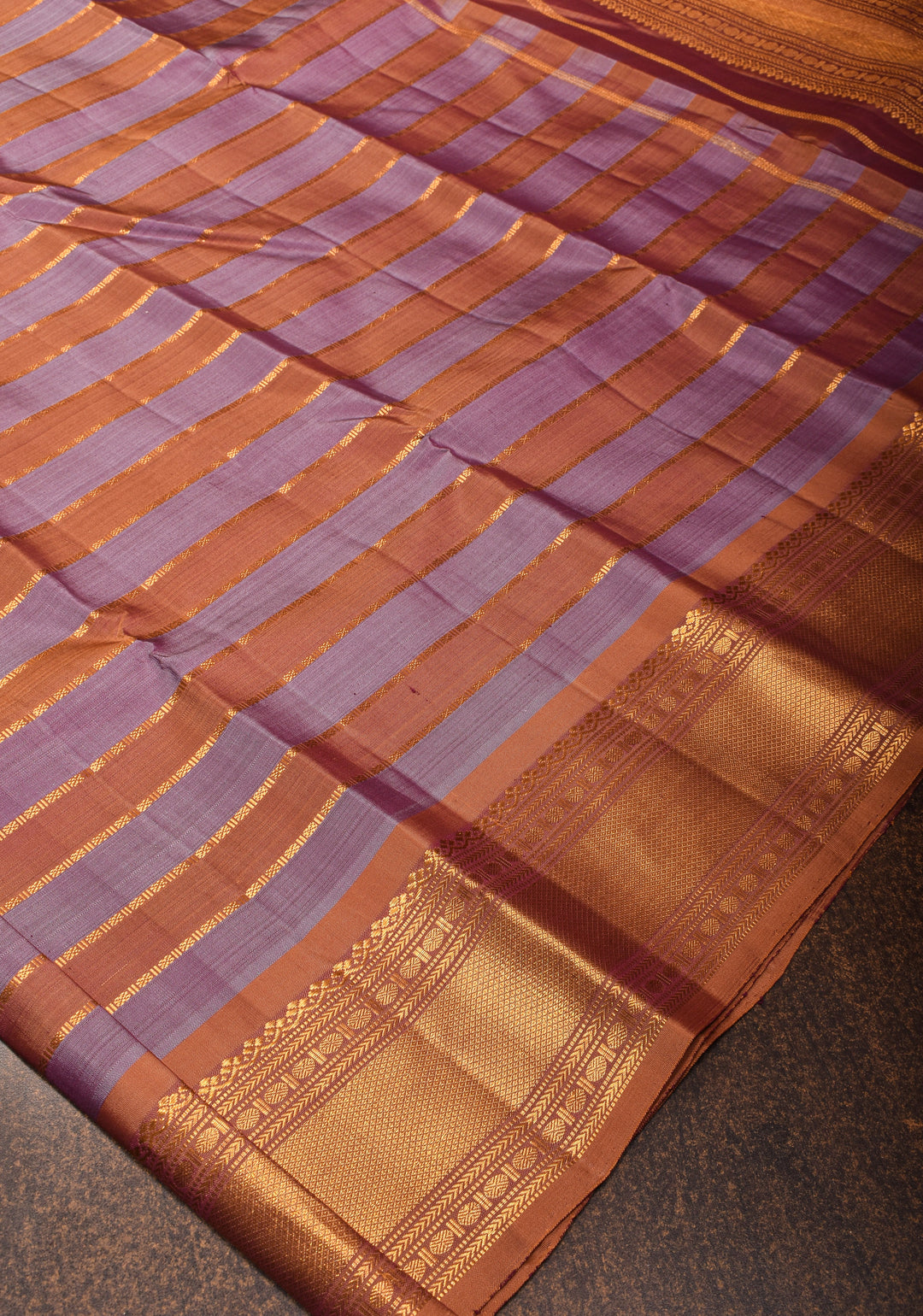 Kanjivaram Silk Saree in Dusty amethyst and sandstone Horizontal stripes with Zari Border | SILK MARK CERTIFIED