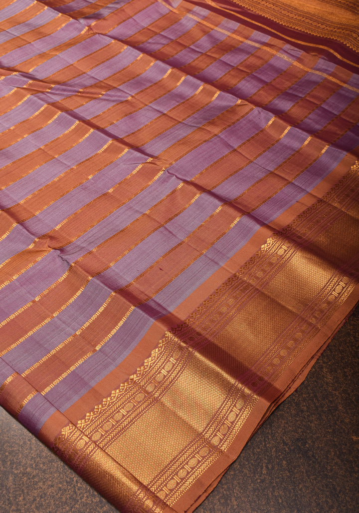 Kanjivaram Silk Saree in Dusty amethyst and sandstone Horizontal stripes with Zari Border | SILK MARK CERTIFIED