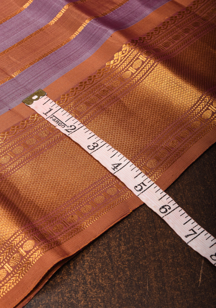 Kanjivaram Silk Saree in Dusty amethyst and sandstone Horizontal stripes with Zari Border | SILK MARK CERTIFIED